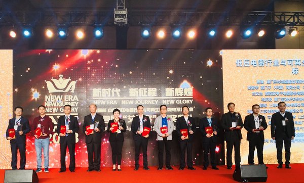 德力西电气代表吴建宾上台领取“低压电器行业与可再生能源发电系统行业标兵”荣誉奖项