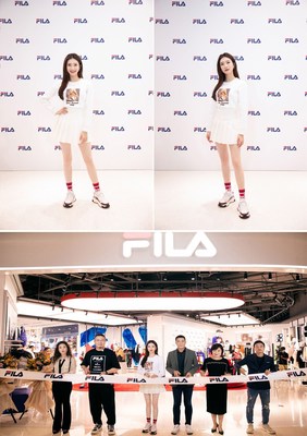 江疏影身穿FILA CORNO系列新品和海岸商业集团南山项目执行总经理黄于倩、海岸商业集团副总裁陈柏昇、安踏集团零售总裁王华友、FILA广东零售运营大区总经理包蕾、FILA大中华区品牌副总裁施睿共同剪彩