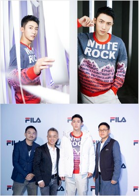 FILA时尚运动代言人黄景瑜现身活动现场,合影从左至右依次FILA大中华区副总裁施睿先生，安踏集团时尚运动品牌群CEO、FILA大中华区总裁姚伟雄先生，FILA时尚运动代言人黄景瑜先生，FILA大中华区副总裁金相淳先生