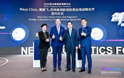 Mayo Clinic、赛默飞、药明奥测新冠检测全球战略合作签约仪式 左起分别为：苏州工业园区党工委委员、管委会副主任刘华，赛默飞中国区总裁艾礼德，药明康德副董事长兼全球首席投资官、药明奥测董事胡正国，药明奥测首席执行官刘釜均