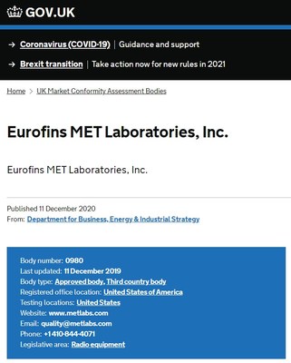 UKCA CAB Eurofins MET资质授权官网信息