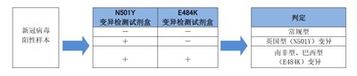 富士胶片和光纯药开发的新冠病毒变异检测试剂盒对变异病毒的判定示意图（＋表示判定为阳性、－表示判定为阴性）