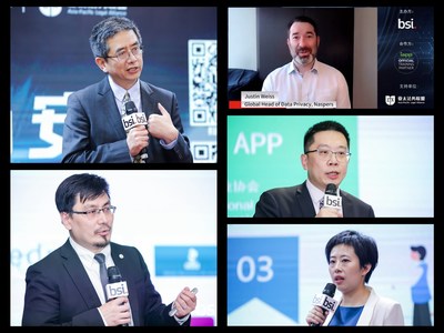 左上图：BSI大中华区培训总经理刘喆先生；左下图：BSI中国区ICT产品线技术总监万鑫博士；右上图：Naspers全球数据隐私主管（Global Head of Data Privacy）Justin Weiss先生；右中图：IAPP官方授权讲师高巍先生；右下图：环球律师事务所合伙人孟洁女士